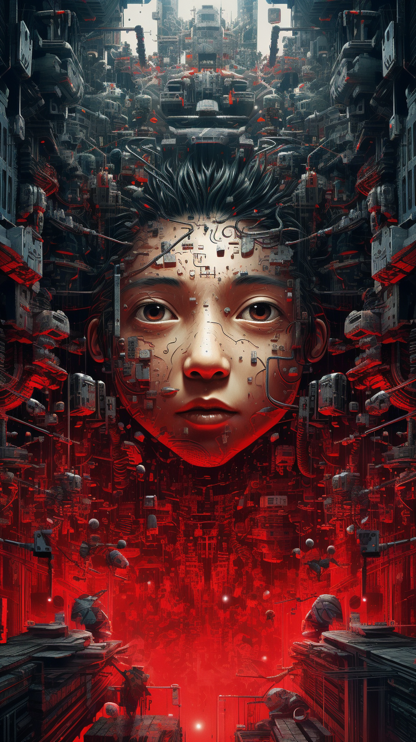 a digital painting of a boy in a futuristic city