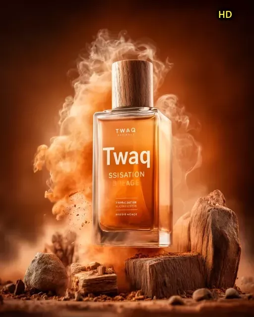 Midjourney:  Warm, earthy, and luxurious perfume bottle in smoky setting.