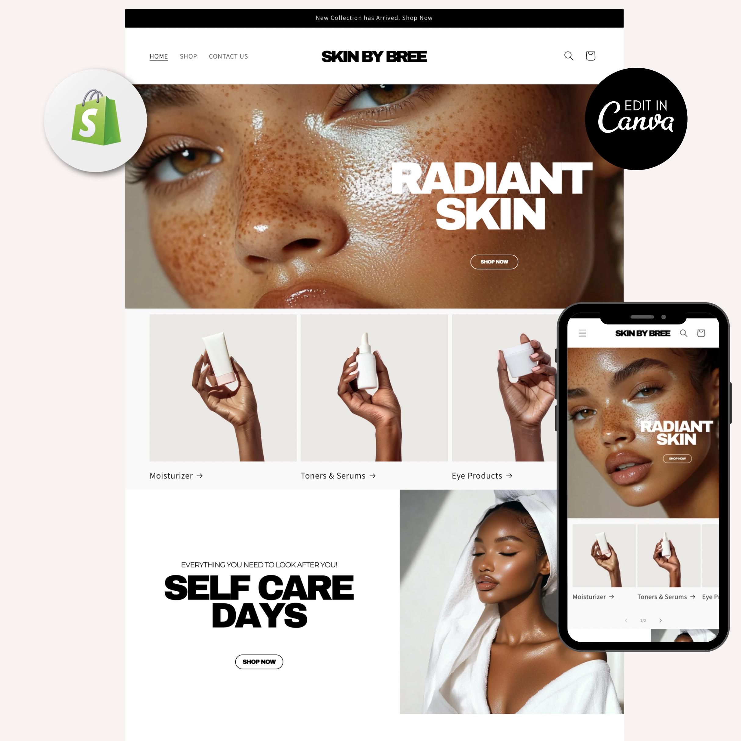 Conception de site Web Shopify pour soins de la peau, Modèle de site Web de soins de la peau, Modèle de marque, Thème Shopify Beauté, Shopify prêt à l’emploi, Bannières Web, Canva