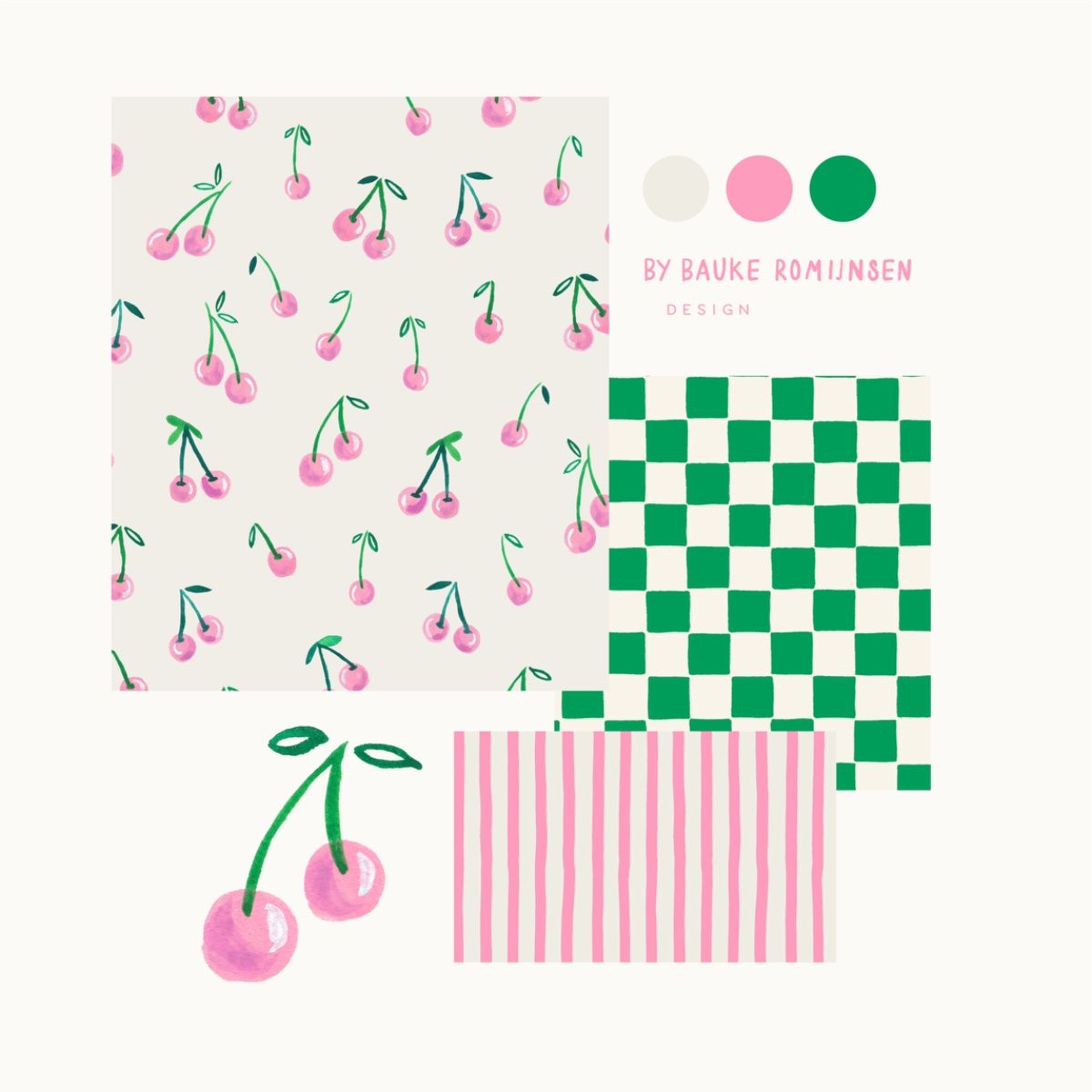 Watercolour cherries pattern with green checkerboard and pink lines pattern