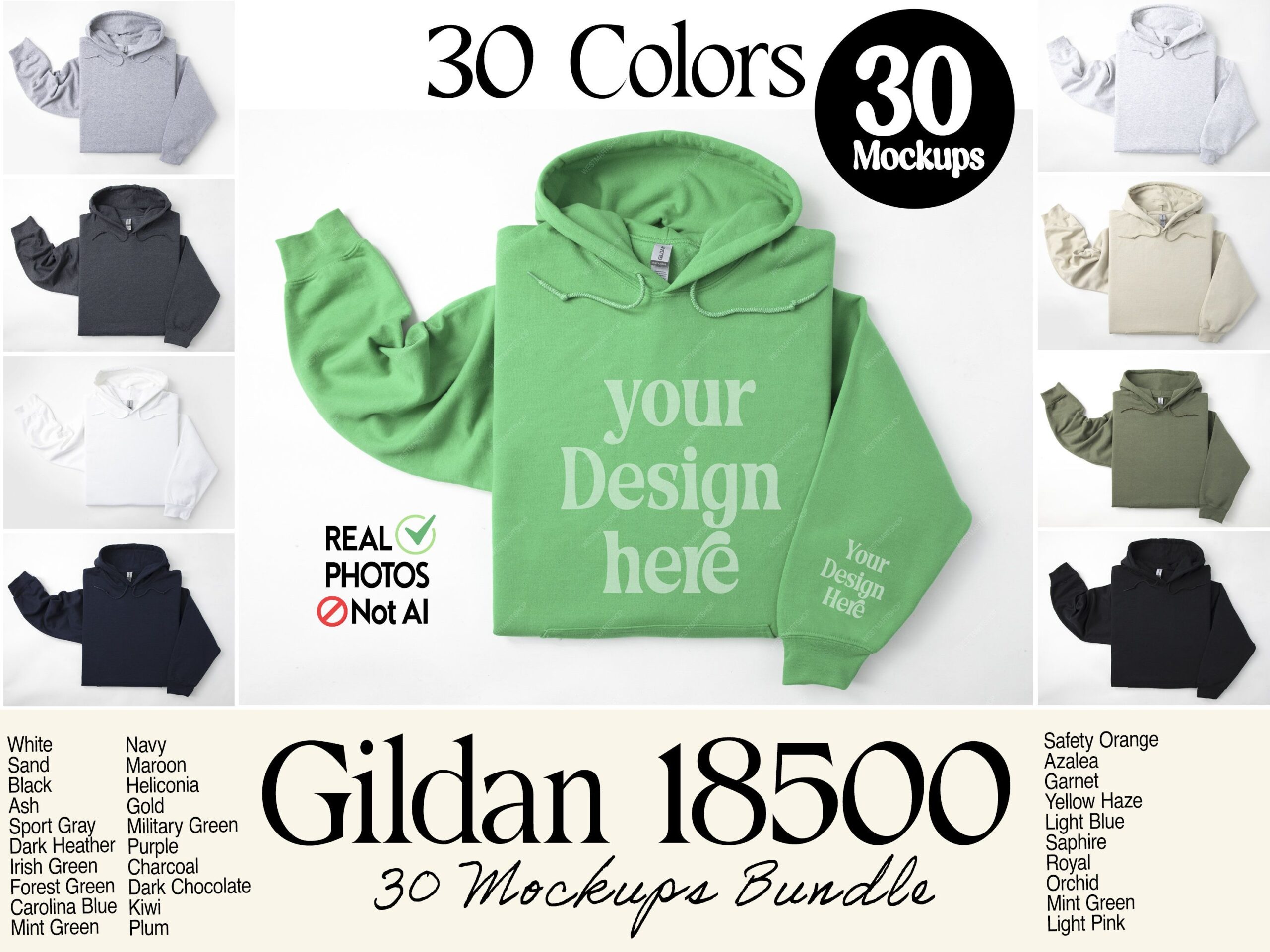 Lot de maquettes de sweat à capuche Gildan 18500, lot de maquettes de sweat à capuche plié, POD de sweat à capuche de manche gauche, maquettes de sweat à capuche de poignet, fond blanc