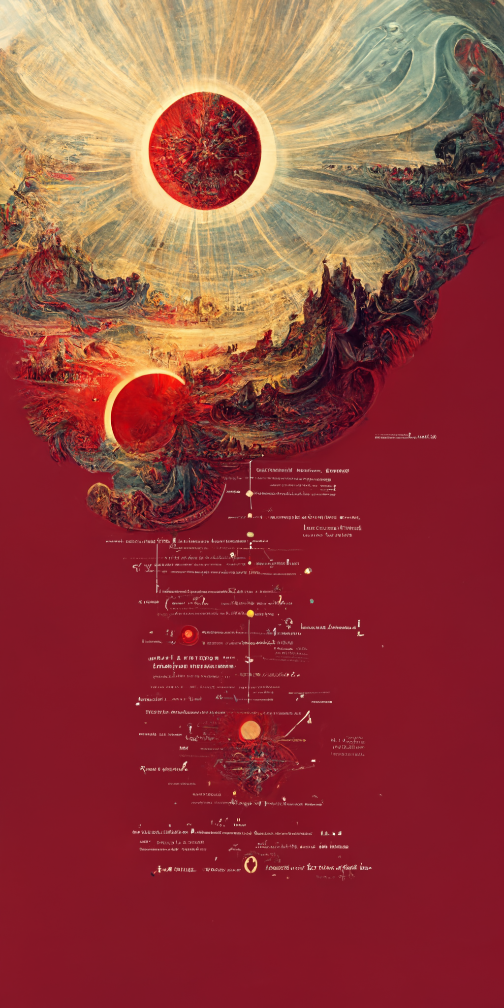 Midjourney prompt: crimson infographic of the creation of…