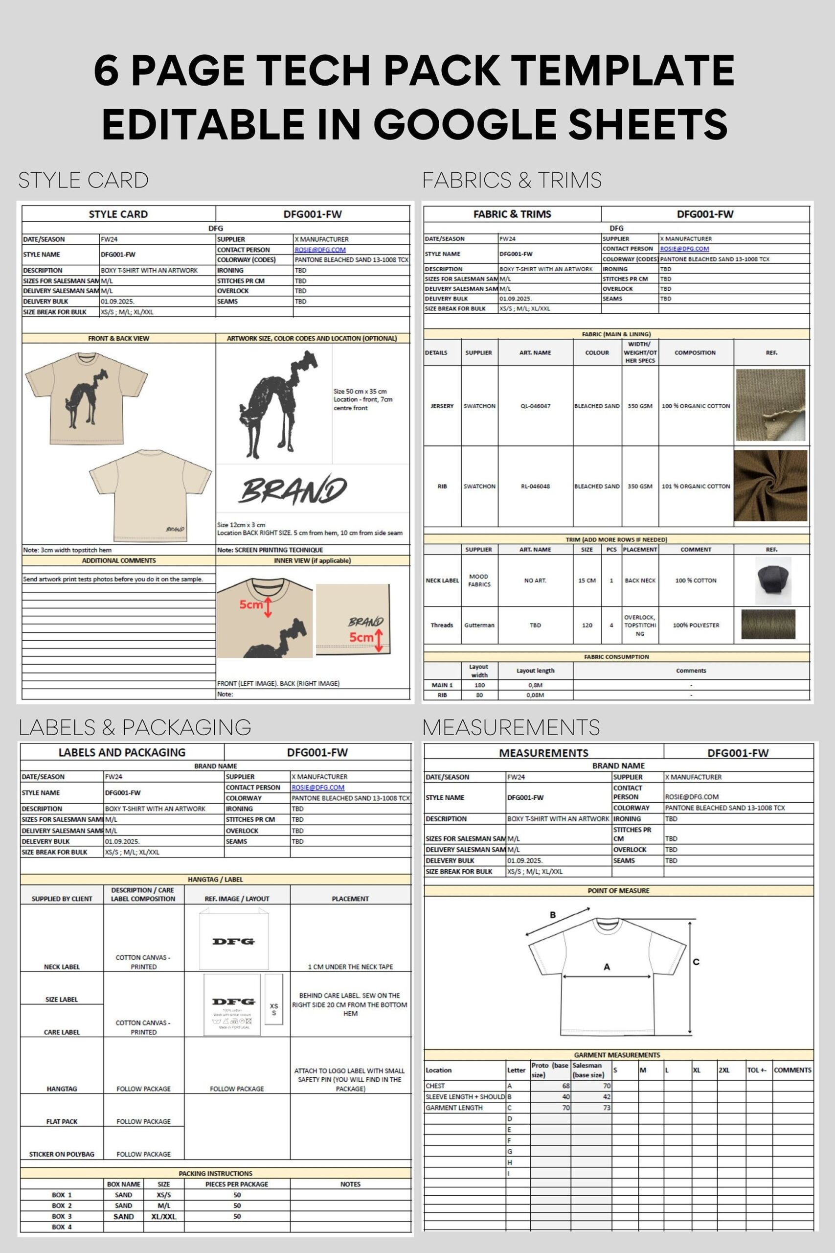 Modèle de pack technique de vêtements, feuille Google et Excel, PDF imprimable DIY pour le fabricant, modèle de six pages éditeur numérique pour créateur de mode