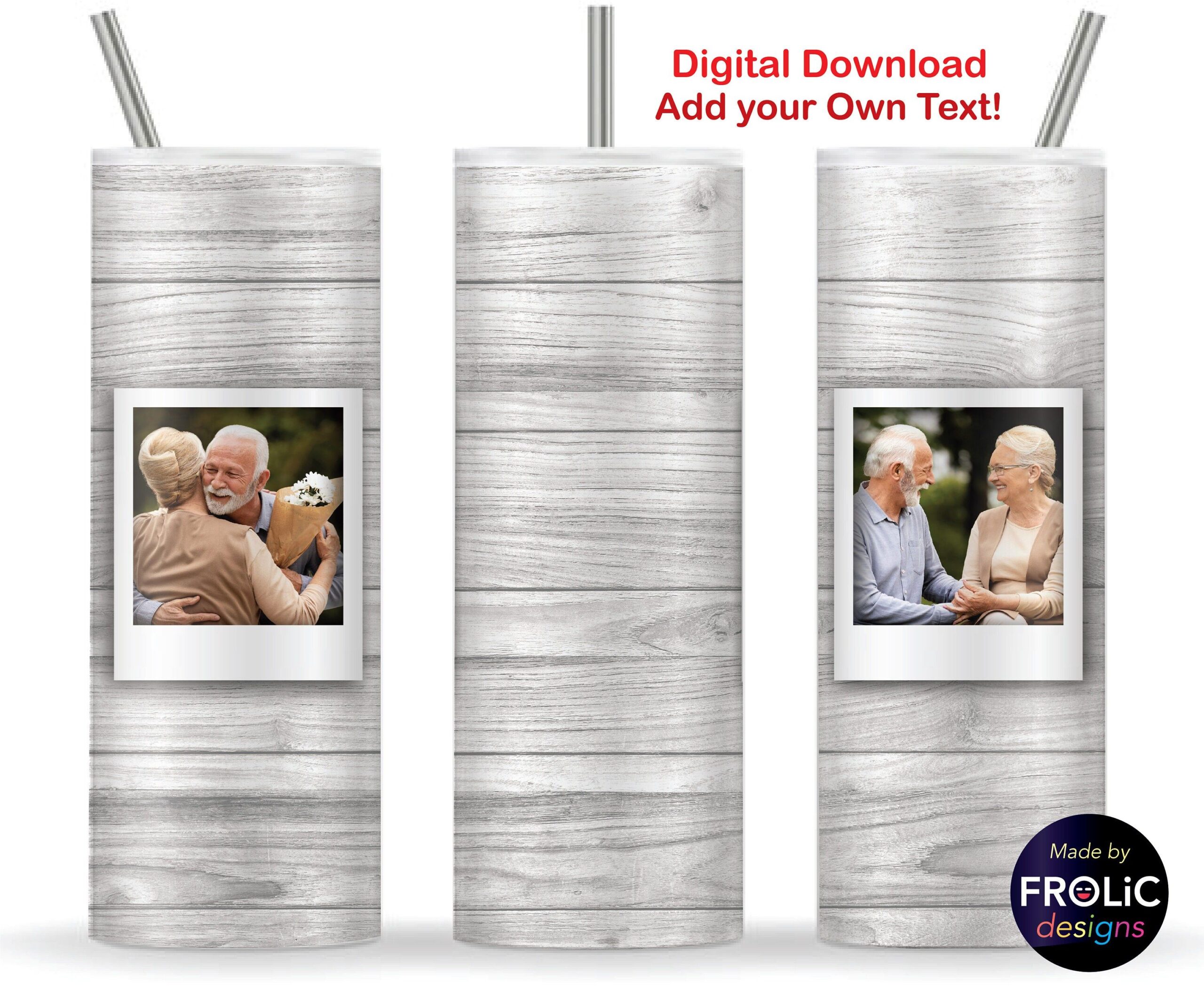 Papier gobelet en bois, 2 cadres photo, ajoutez vos propres photos et texte, design sublimation gobelet skinny 20 oz, téléchargement immédiat