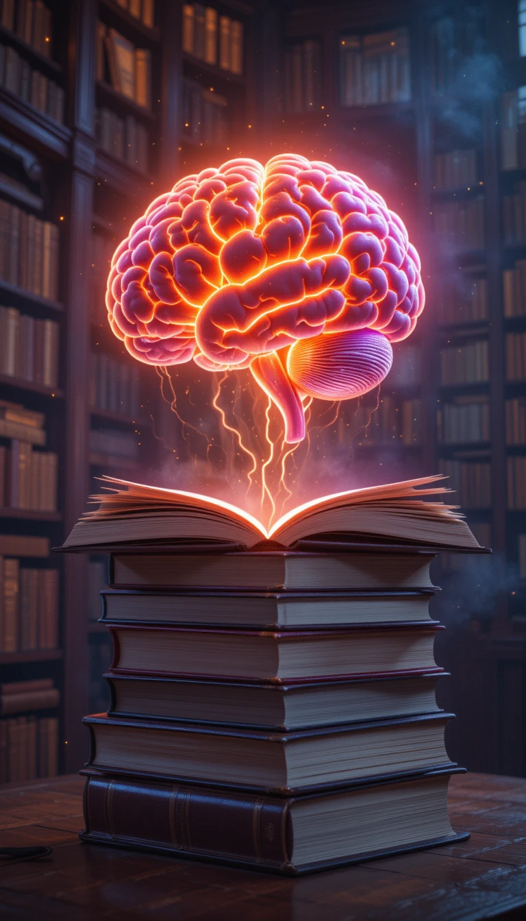 A glowing 3D human brain levitates above an open book