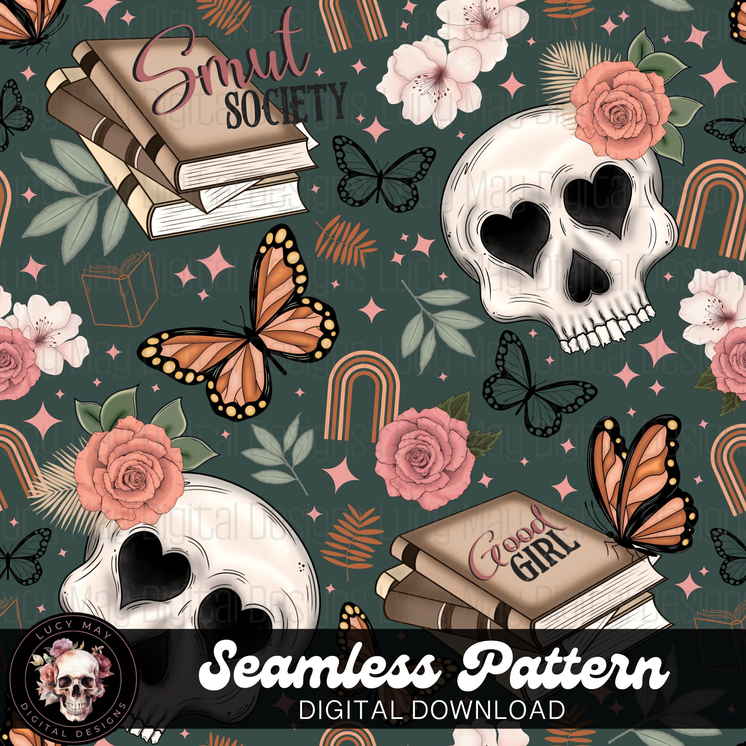 Boho Floral Skull Seamless Pattern: Edgy Fabric Design (Digital Download)