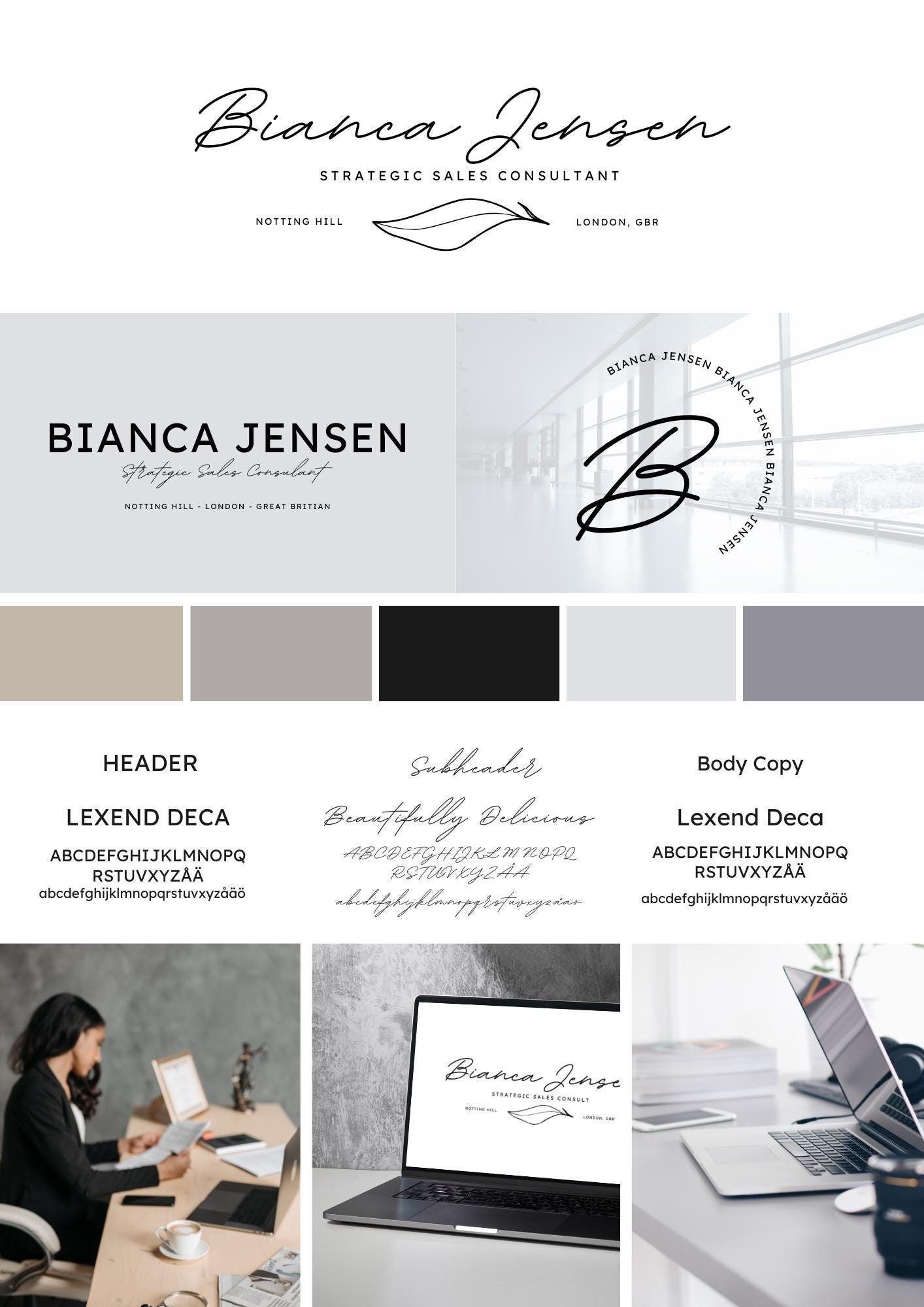 Kit de marque Canva personnalisable comprenant des logos, un panneau de marque, une palette de couleurs et de polices et des images – un modèle complet d’identité de marque et d’identité visuelle !