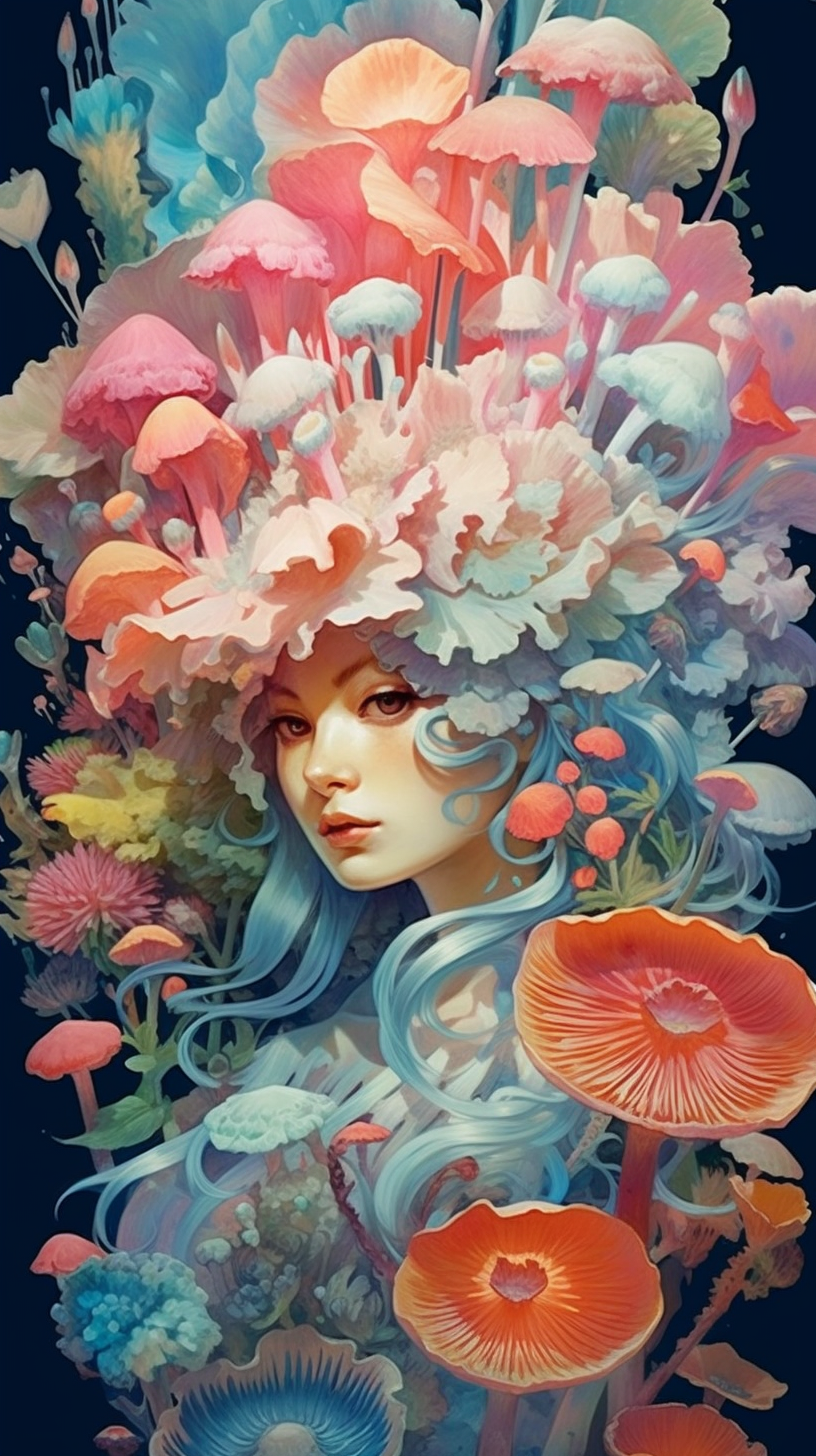 a painting of a woman surrounded by mushrooms