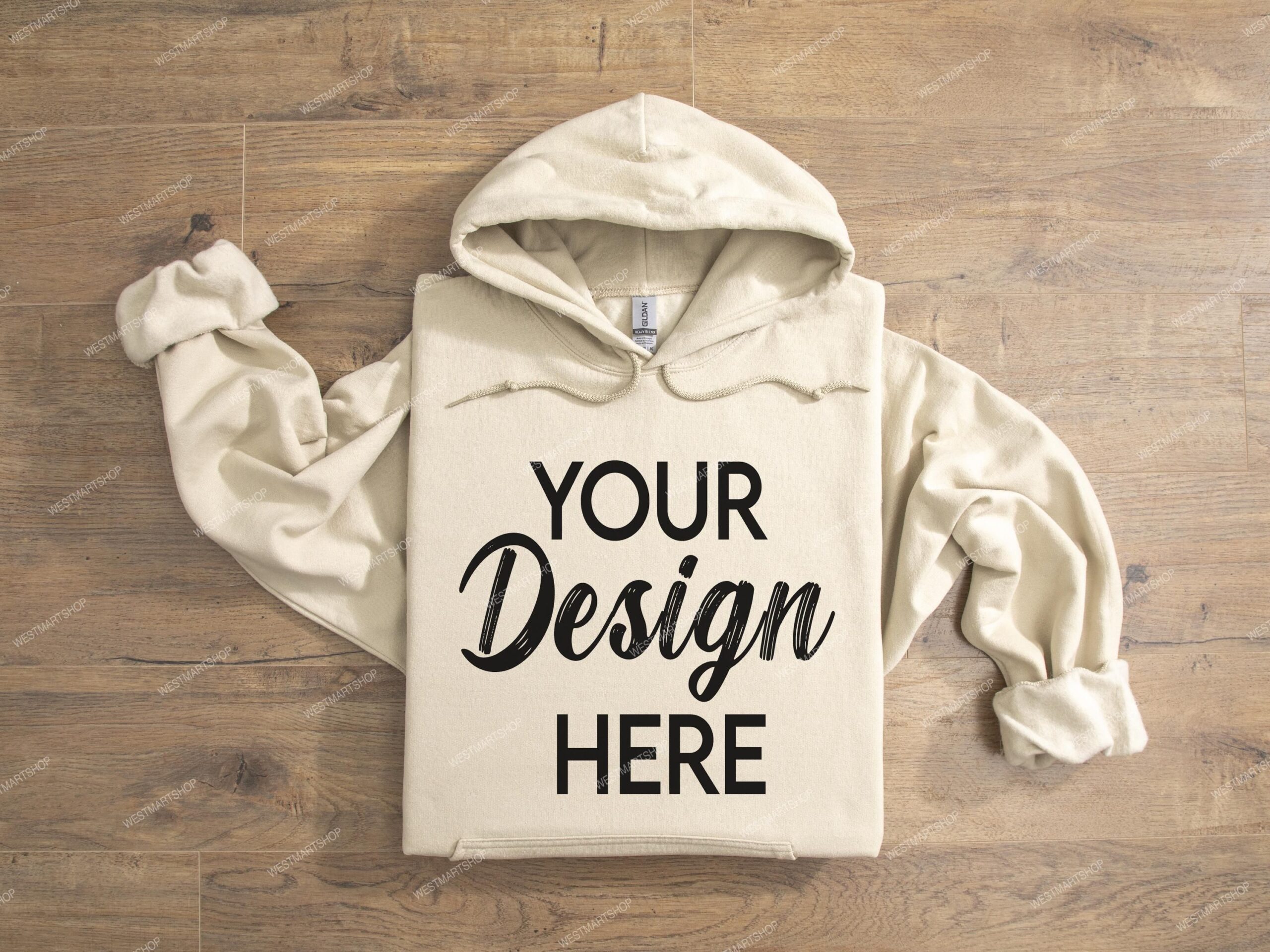 Sweat-shirt à capuche Gildan 18500 plié sable sur parquet, maquette de sweat à capuche Gildan, maquette de POD à plat G18500, pull à col rond POD à plat