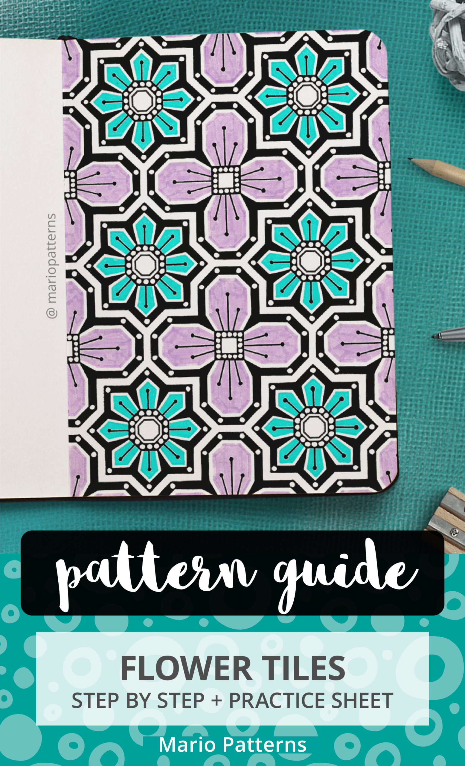 Flower tiles geometric pattern drawing guide step by step – How to draw zen doodle