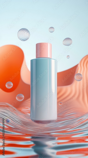 Modern Cosmetic Bottle Mockup with Bubbles in Surreal Water Scene – Adobe Stock