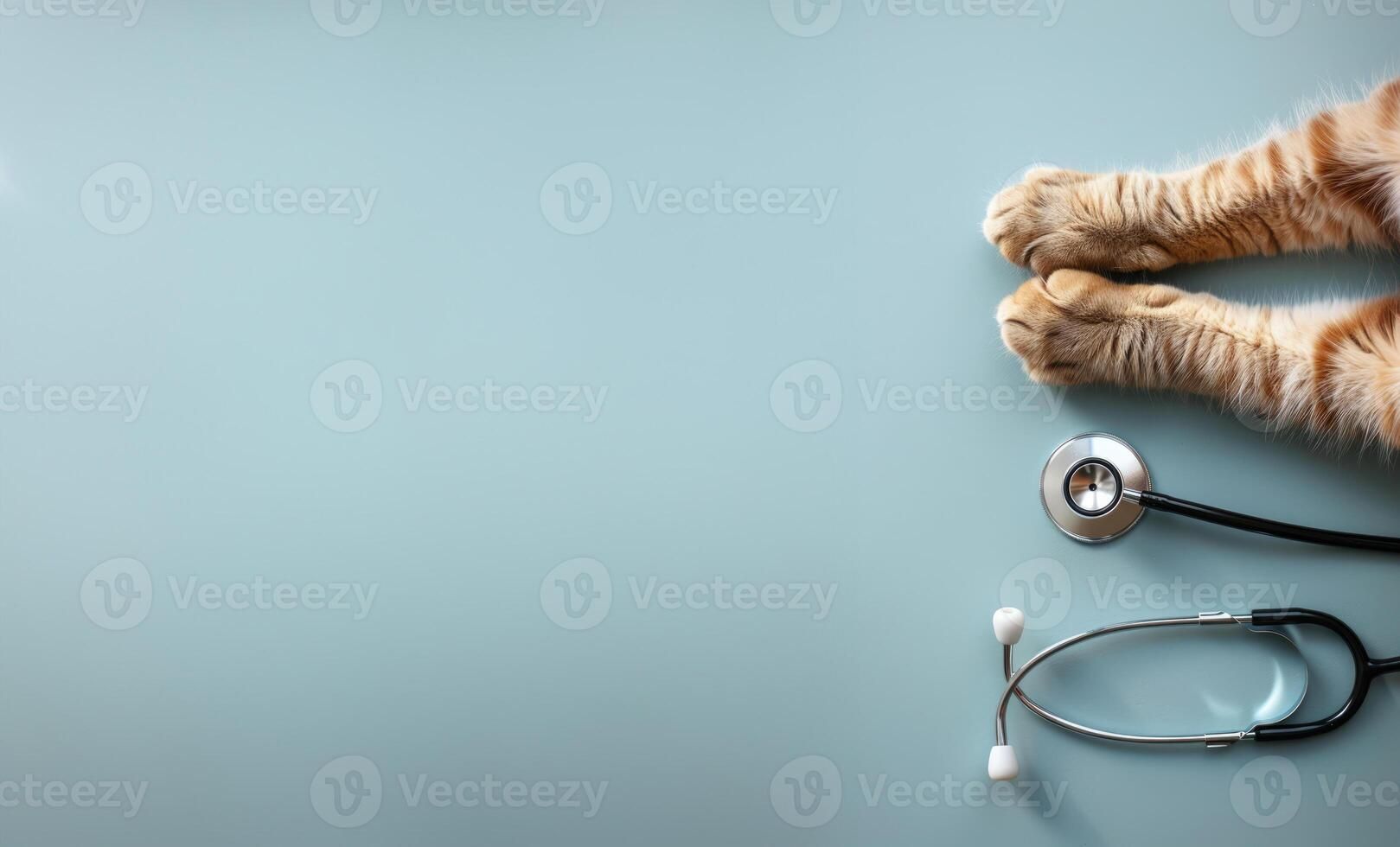 AI generated Generative AI, Cat paws and stethoscope isolated on blue background. Banner with copy space for vet clinic. Pet health care concept