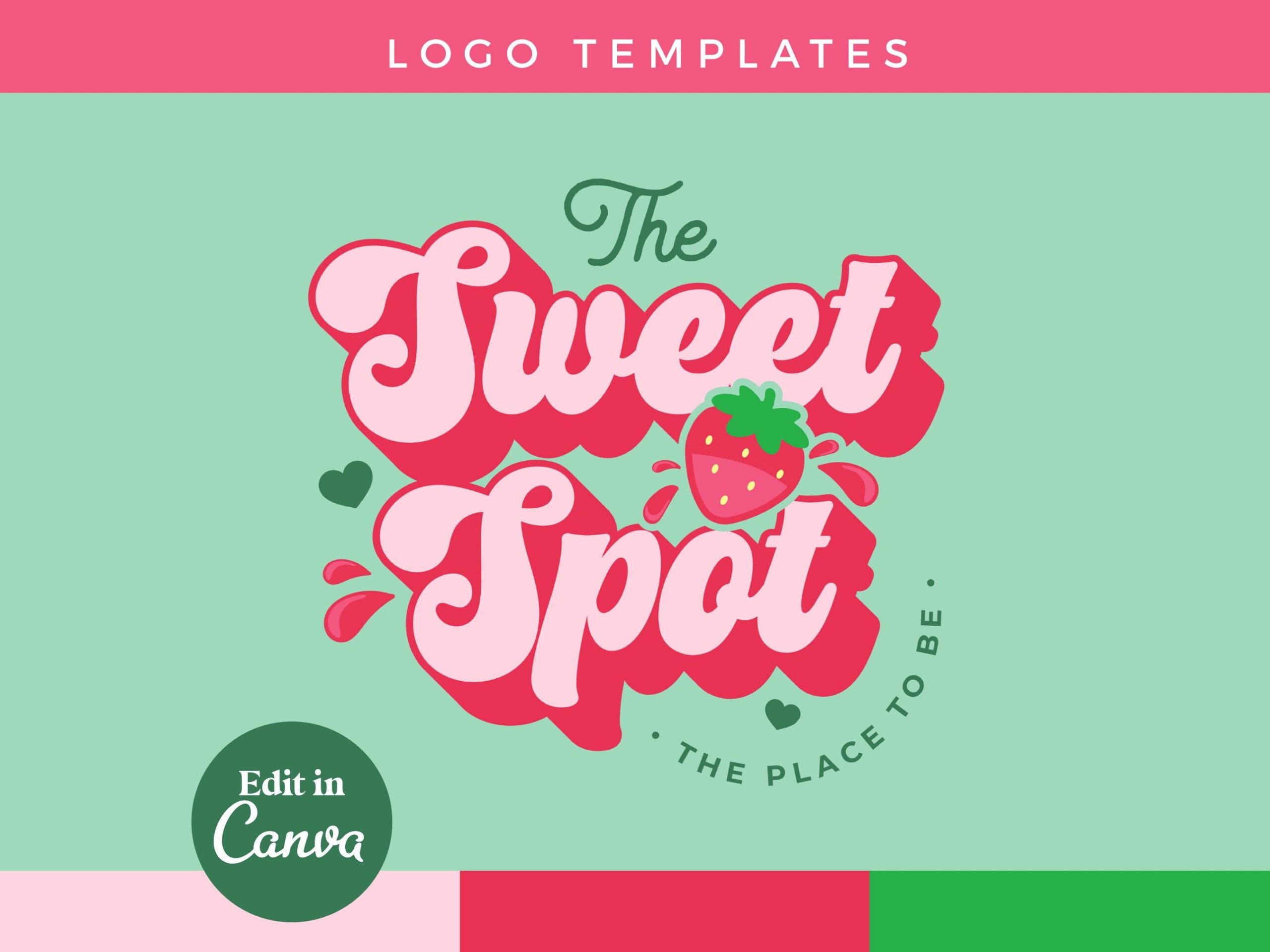 Modèle DIY sur toile pour logo rose fraise | Création de logo rétro amusante modifiable, logo funky mignon, image de marque de beauté, café girly de l’an 2000, boulangerie – 0137