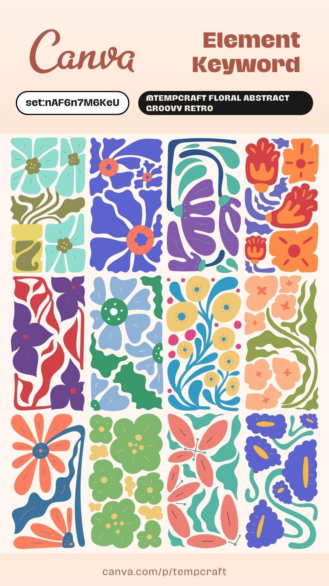 Retro Blumen-Muster: Canva-Elemente im Groovy-Stil.