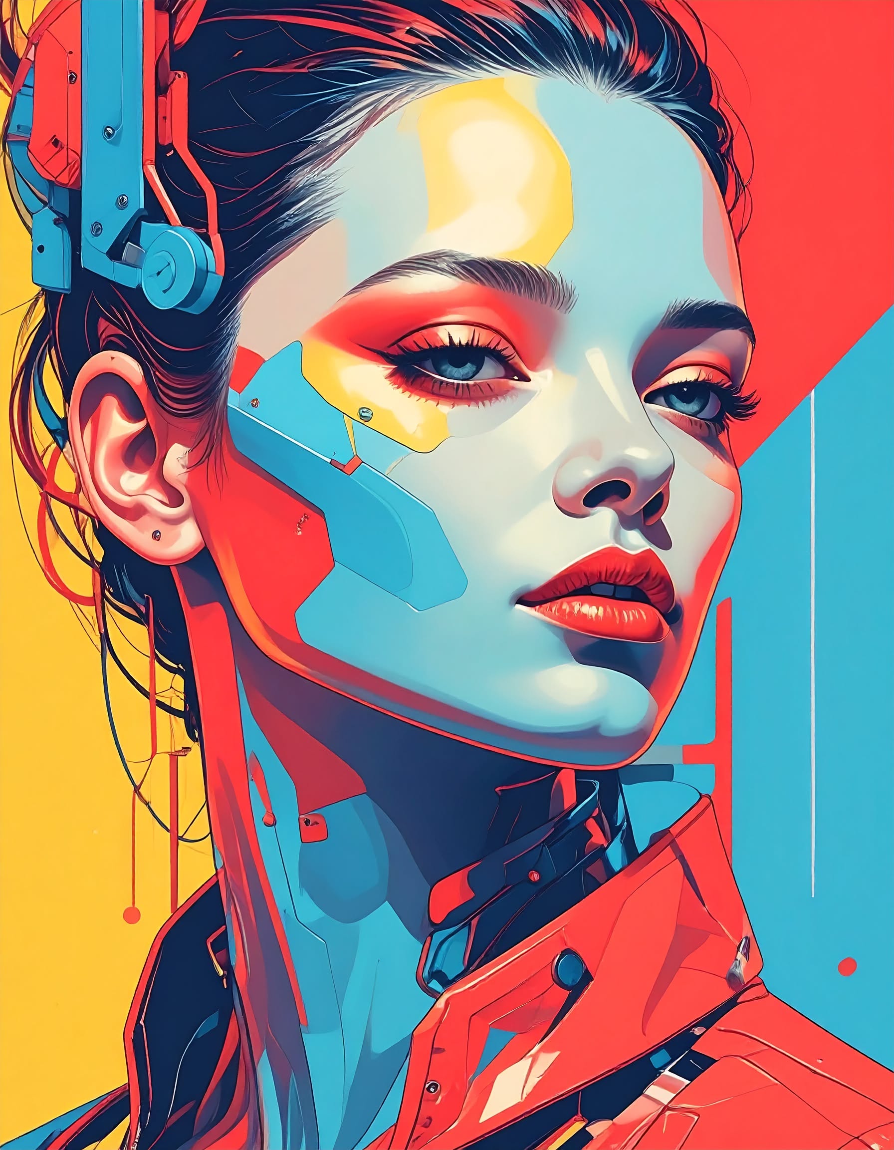 risograph illustration of a cyborg woman