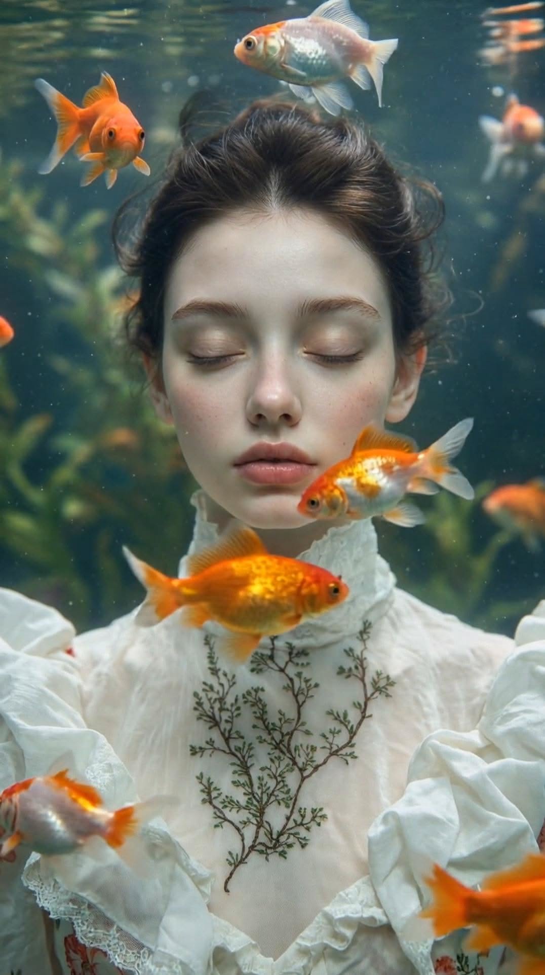 Underwater AI Girl: Portrait with Goldfish – FlexClip