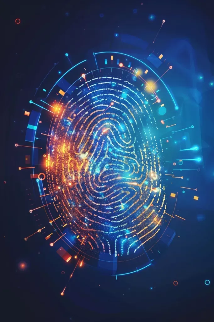 Midjourney:  Futuristic fingerprint image with abstract, colorful, and dynamic design.