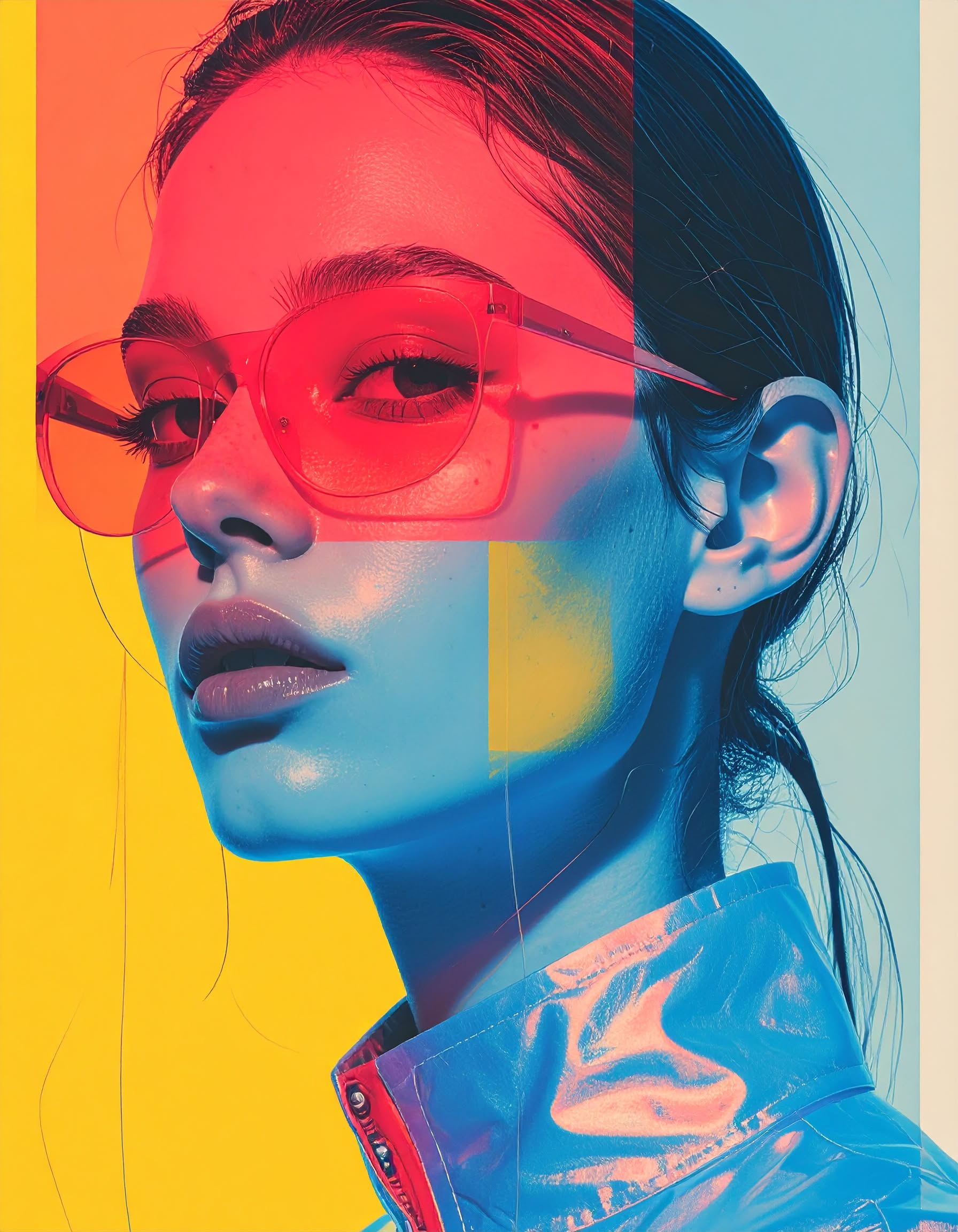 risograph illustration of a cyborg woman