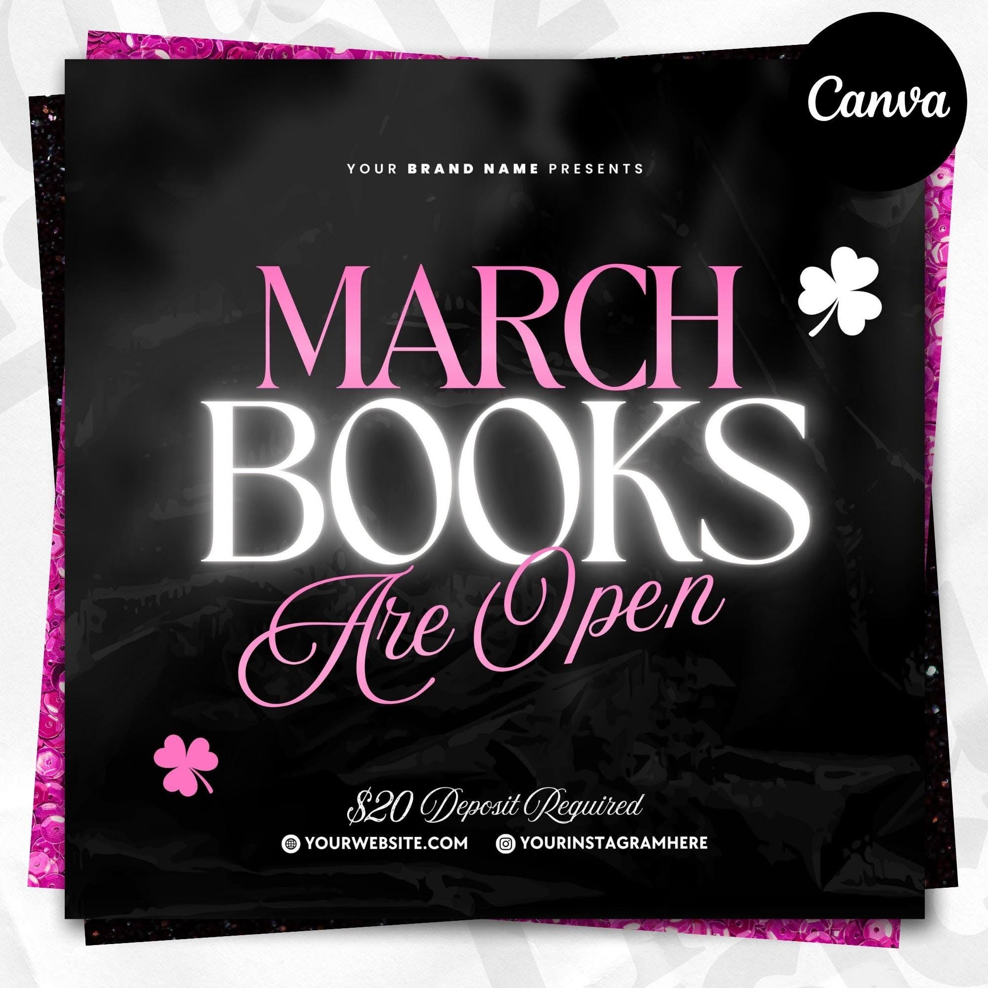 Brochure de réservation de mars, brochure de mars Madness, brochure de la Saint-Patrick, brochure de mars, brochure Book Now, brochure de MUA Lashes Nails Hair, brochure de mars