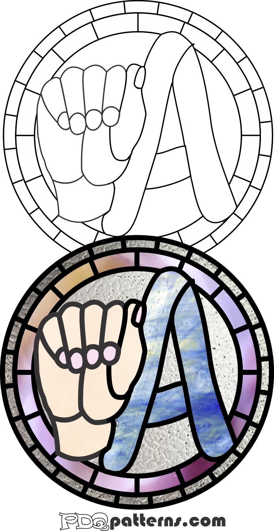American Sign Language, letter A, round pattern, 2 borders, stained glass