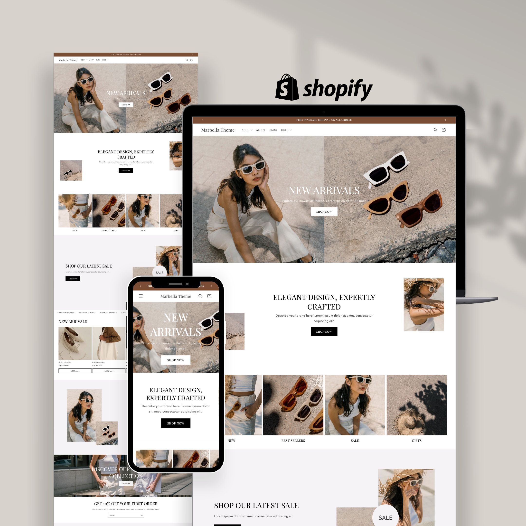 Thème Shopify minimaliste, Conception esthétique de site Web de luxe, Boutique élégante, Bannières toile modifiables, Modèle de commerce électronique, Blanc, Marron
