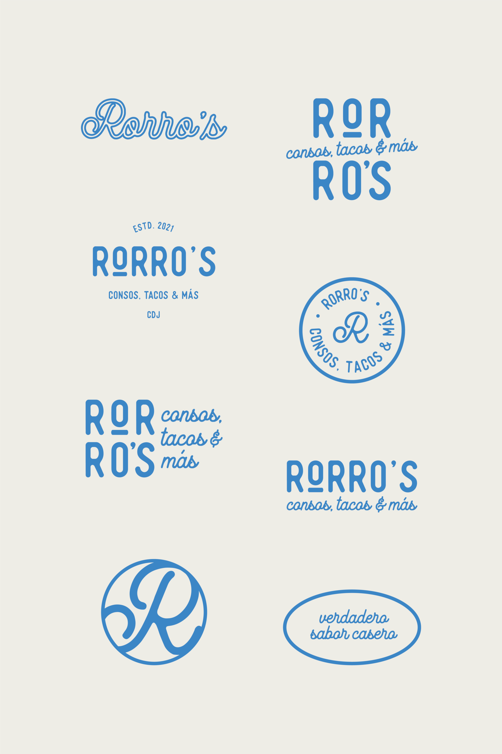 Rorro’s Modern/Vintage Restaurant Branding: Taupe and Blue with Logo 3D